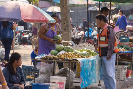 Bangkok, Thailand - April 14, 2016 : Thai exotic fruits in market. Like the charming people, exotic fruit greets you on almost every corner in Thailand.のeditorial素材