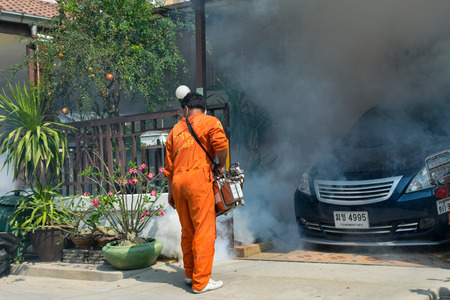 Bangkok, Thailand - January 31, 2016 : Unidentified people fogging DDT spray kill mosquito for control Malaria, Encephalitis, Dengue and Zika in village at Bangkok Thailand.のeditorial素材