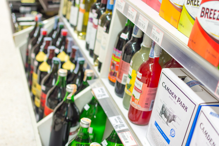 Bangkok, Thailand - May 4, 2016 : Many types of wine and alcohol drink in supermarket.のeditorial素材