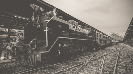 Bangkok, Thailand - March 26, 2016 : Steam train at Foundation Day of train operation 119 years anniversary of the State Railway of Thailand. , process in vintage black and white styleのeditorial素材