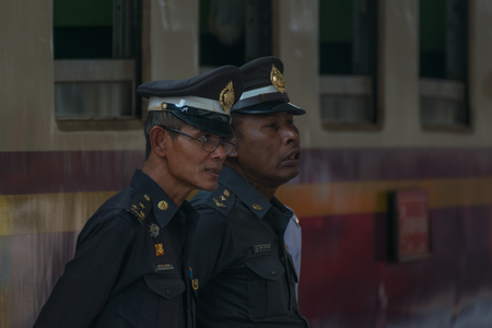 Bangkok, Thailand - February 2, 2016 : Unidentified security man at Bangkok station, Railway train...