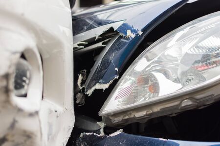 Bangkok, Thailand - June 17, 2016 : Car crash from car accident on the road in a city between saloon versus pickup wait insurance.のeditorial素材