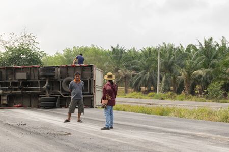 Rayong, Thailand - March 12, 2016 : Car truck crash from car truck accident wait insurance on the country road.のeditorial素材
