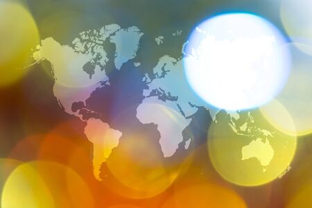 Abstract bokeh background of light for celebration new year and christmas with world mapの写真素材