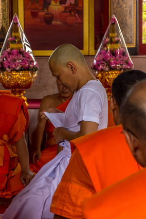 Bangkok, Thailand - July 9, 2016 : Thai monk ritual for change man to monk in ordination ceremony in buddhist in Thailandのeditorial素材