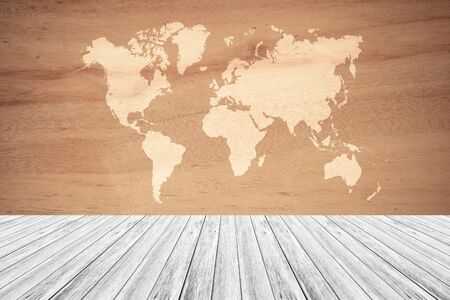 Wood texture background surface natural color , process in vintage style with white wood terrace with world mapの写真素材