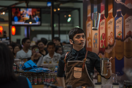Bangkok, Thailand - March 19, 2017 : Unidentified bartender or barman mixing a drink for show and service at restaurantのeditorial素材