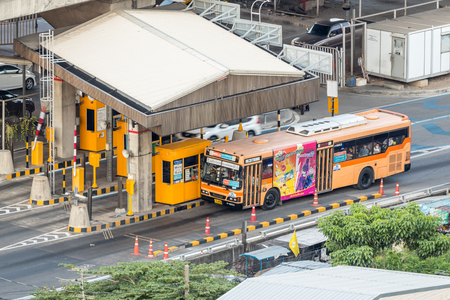 Bangkok, Thailand - April 12, 2017 : Gate for expressway fee payment in Bangkok by EXAT from skyscraper. EXAT is Expressway Authority of Thailand.のeditorial素材