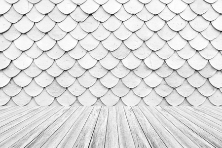 Wood terrace and Tile roof of old Thai temple texture background surface white colorの写真素材