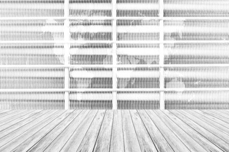 Metal rust wall texture background surface natural color , process in white color with white wood terrace with world mapの写真素材