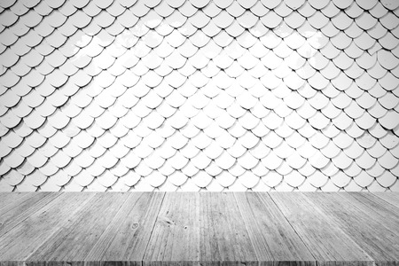 Tile roof of old Thai temple texture background surface natural color , process in white color with wood terrace with world mapの写真素材
