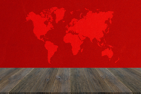 Fabric texture background surface natural color with wood terrace with world mapの写真素材