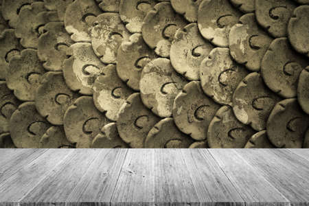 Stone wall texture background surface natural color , process in vintage style with white wood terrace with world mapの写真素材