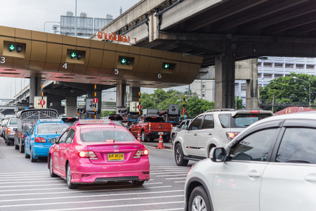 Bangkok, Thailand - August 2, 2017 : Gate for expressway fee payment in Bangkok by EXAT from skyscraper. EXAT is Expressway Authority of Thailand.のeditorial素材