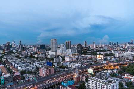 Bangkok, Thailand - May 15, 2017 : Cityscape and light of night road in long exposure with billboard from skyscraper of Bangkok. Bangkok is the capital and the most populous city of Thailand.のeditorial素材