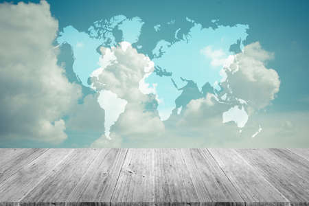 Nature cloudscape with blue sky and white cloud with Wood terrace , process in vintage style, Map