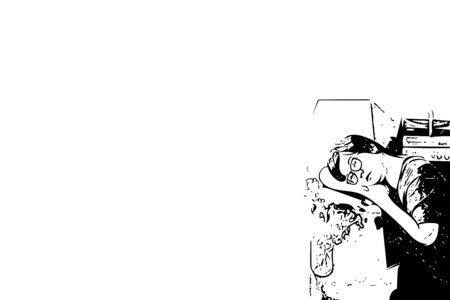 Sketch drawing of asian women with eye glasses have a think gesture in business and casual concept on white background with copy space use for artwork, template or slideshowの写真素材