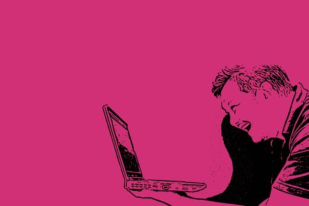 Sketch drawing of man holding computer notebook or laptop with laughing and smile in happiness and cheerful concept on pink background with copy space use for artwork, template or slideshowの写真素材