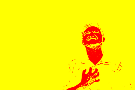 Sketch drawing of man pain from disease heart attack in healthcare and angina concept on yellow background with copy space use for artwork, template or slideshowの写真素材