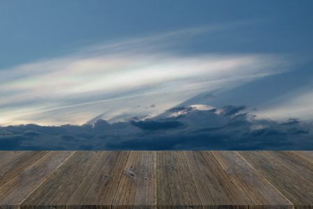 Nature cloudscape with blue sky and white cloud with Wood terraceの写真素材