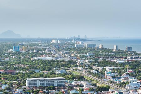 Prachuap Khiri Khan, Thailand - June 17, 2017 : Cityscape view from mountain of Hua Hin. Hua Hin is favourite city for travel in Thailand beautiful beach, sea, hotel and resort at Prachuap Khiri Khan.のeditorial素材