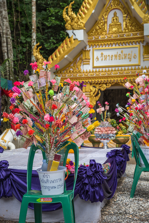 Chanthaburi, Thailand - July 8, 2017 : Unidentified Thai buddhism people in buddhist pray by Kathin Ceremony to make and off-season offering of robes and other needs to monks at Thai temple (Wat Thai)のeditorial素材