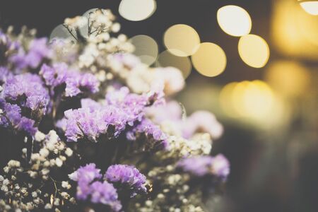 Dried flowers with statice flower in bouquet purple and yellow color use for decoration or congrats with lights bokeh background in flower shopの写真素材