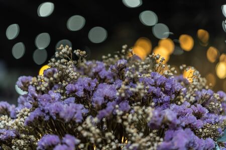 Dried flowers with statice flower in bouquet purple and yellow color use for decoration or congrats with lights bokeh background in flower shopの写真素材