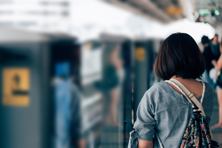 BTS skytrain train runs in Bangkok. Many people in Bangkok used skytrain to save time.の写真素材