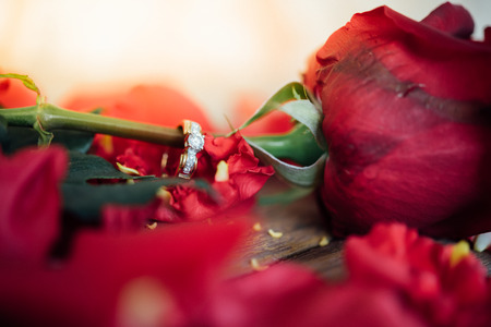 Red rose flower nature beautiful flowers from garden petal of red rose flower and diamond ring for valentines or marriage on wooden floor in Valentine's Day, Wedding, Romantic Love Valentine conceptの写真素材
