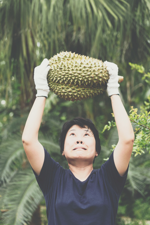 Asian woman farmer holding Durian is a king of fruit in Thailand and asia fruit have a spikes shell and sweet can buy at Thai street food and fruit market at agriculture farmの写真素材