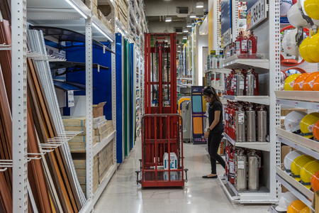 Bangkok, Thailand - January 21, 2018 : Forklift and many types of safety tools products for sale in supermarket open dailyのeditorial素材