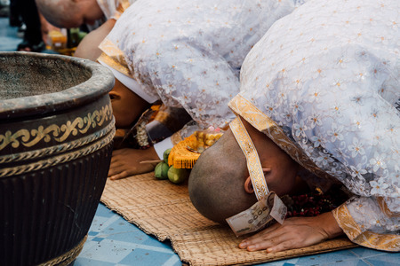 Ordination ceremony in buddhist Thai monk ritual for change man to monk in ordination ceremony in...