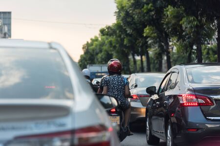 Bangkok, Thailand - October 4, 2018 : Cars on busy road in the Bangkok city, Thailand. Many cars use the street for transportation in rush hour with a traffic jamのeditorial素材