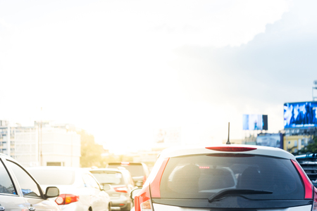 Cars on busy road in the Bangkok city, Thailand. Many cars use the street for transportation in rushhour with a traffic jamの写真素材