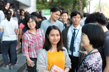 Bangkok, Thailand - December 20, 2019 : Many working people preparedness for fire drill or other disaster at office in Bangkok Thailandのeditorial素材