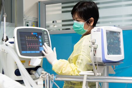 Doctor use monitor with vital signs for medical care of the flu covid19, corona virus, CRE. or VRE....