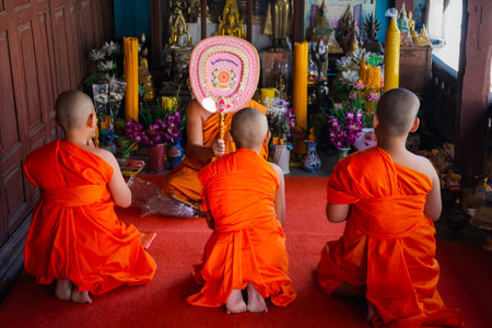 Ang Thong, Thailand - October 23, 2016 : Unidentified asian boy in ordination ceremony in buddhist for ordain become a novice monk or little neophyte in ordination ceremony in buddhist in Thailandのeditorial素材
