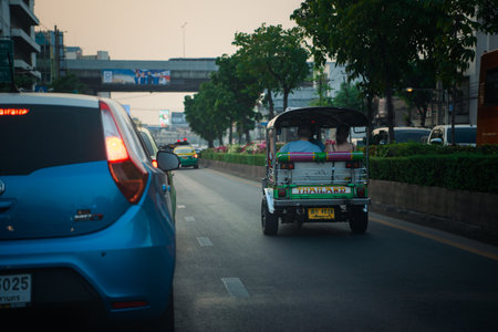 Bangkok, Thailand - January 17, 2020 : Cars on busy road in the Bangkok city, Thailand. Many cars use the street for transportation in rushhour with a traffic jamのeditorial素材