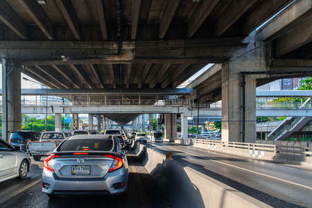 Bangkok, Thailand - June 8, 2020 : Cars on busy road in the Bangkok city, Thailand. Many cars use the street for transportation in rushhour with a traffic jamのeditorial素材