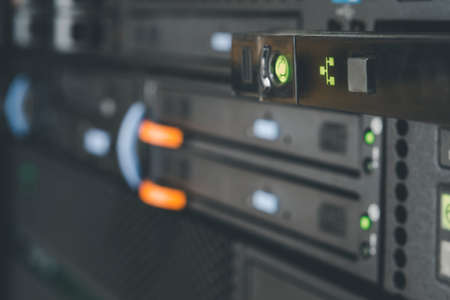 Computer server mainframe and harddisk drive raid storage with LED in computer server data-center for cloud service and hosting information infrastructureの写真素材