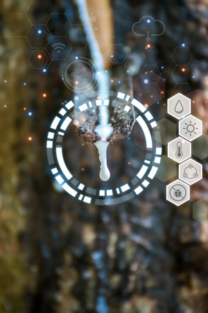 Smart farm digital icon and futuristic AI data infographic of Rubber tree with natural rubber drop to the bowl at rubber tree plantation natural latex is a agriculture for industry in Thailandの写真素材