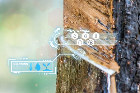 Smart farm digital icon and futuristic AI data infographic of Rubber tree with natural rubber drop to the bowl at rubber tree plantation natural latex is a agriculture for industry in Thailandの写真素材