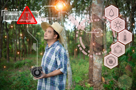 Smart farm digital icon and futuristic AI data infographic of Farmer agriculturist unhappy low yield productivity at rubber tree plantation is agriculture harvesting natural rubber industry Thailandの写真素材