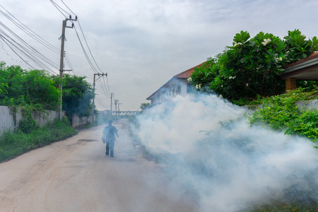 People fogging DDT spray for mosquito kill and protect by control mosquito is a carrier of Malaria, Encephalitis, Dengue and Zika virus in village.の写真素材