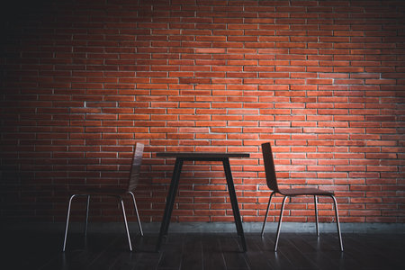 Cafe or restaurant in balcony view decorate with red brick wall and table chairs set for seating relaxの写真素材