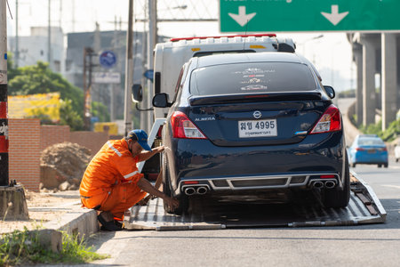 Bangkok, Thailand - November 22, 2022 : Car damaged crash from car accident on the road wait insurance in a city collision in Bangkok Road, accidents are a major problem of traffic in Thailand.のeditorial素材