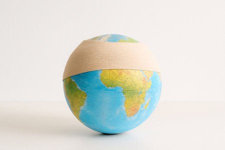 AI generated realistic globe with bandage wrapped around it symbolizing environmental damage and healing concept white background climate change earth protection conservation metaphorの素材
