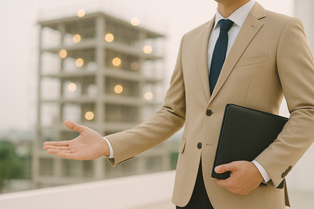 AI generated image of a professional sales representative in business attire gesturing to invite potential clients into a construction siteの素材