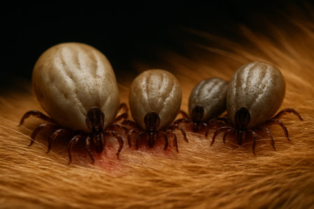 AI generated super macro close-up of multiple ticks attached and feeding on a dog's skin, showing detailed mouthpart penetration and blood feeding behaviorの素材